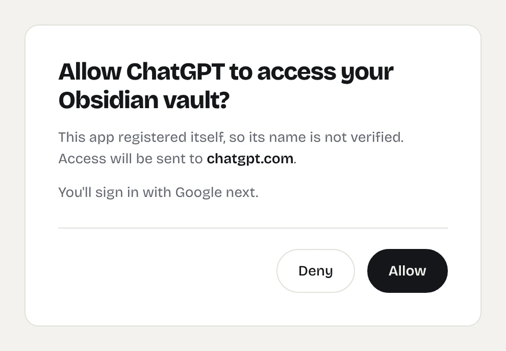 Shard Connector page asking: Allow ChatGPT to access your Obsidian vault? with Deny and Allow buttons