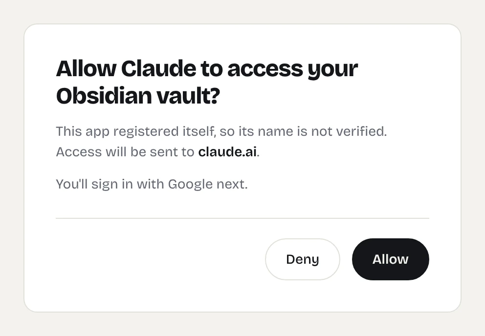 Shard Connector page asking: Allow Claude to access your Obsidian vault? with Deny and Allow buttons